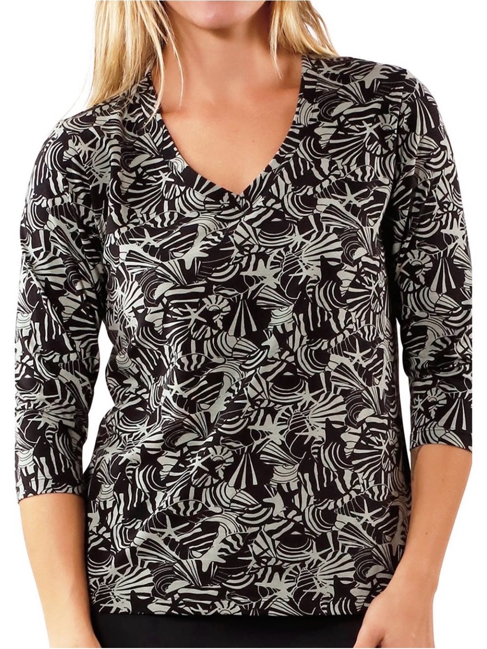 UVSkinz UPF 50+ Women's 3/4 Sleeve V-Neck R&R Tee Color- Shadow Shells